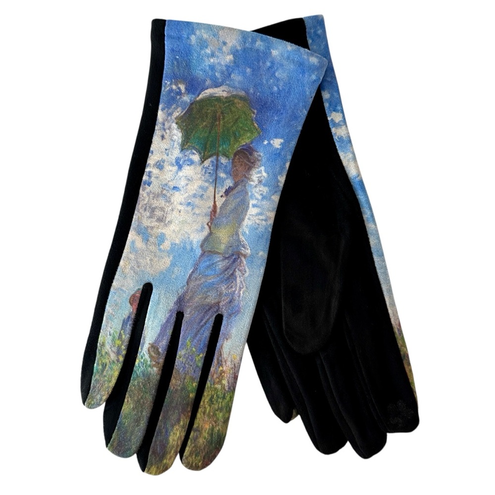 Micro Suede Gloves Monet Woman with a Parasol Inspired Touchscreen Index Finger